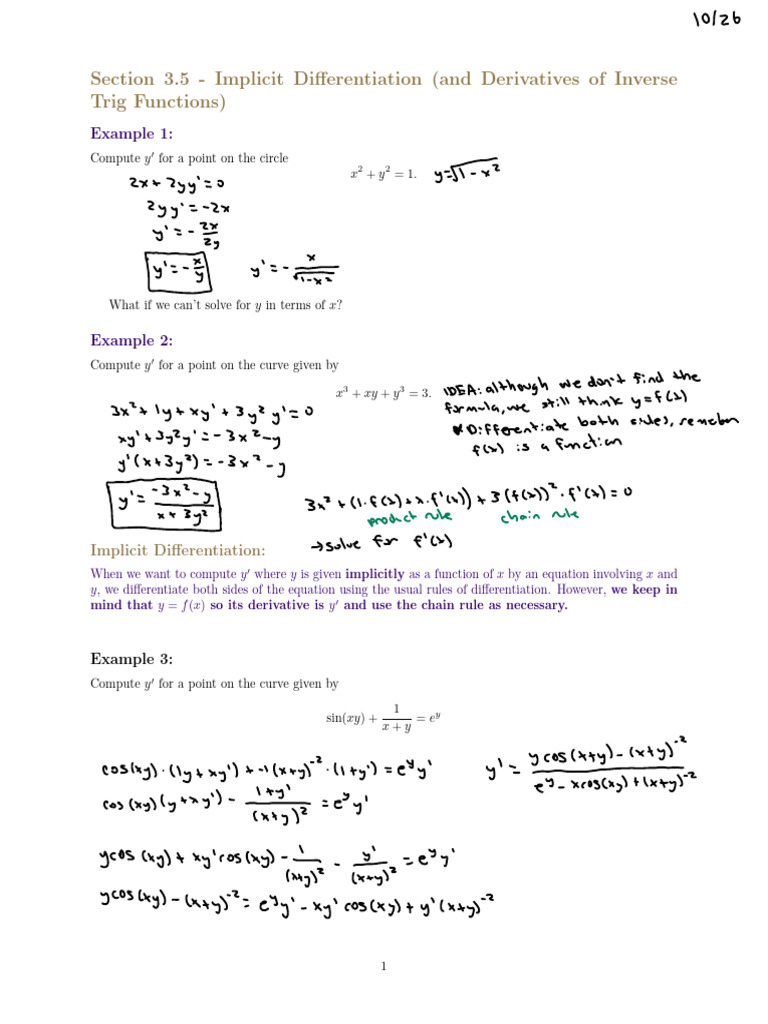 Implicit Differentiation & Inverse Trig Derivatives | PDF ...
