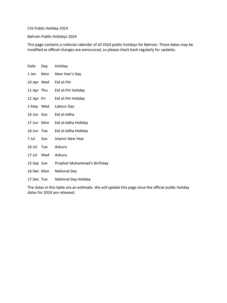 CSS Public Holiday 2024 PDF