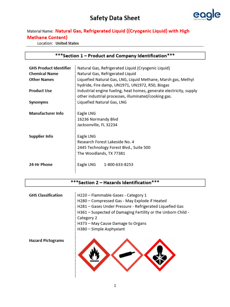 Eagle LNG Safety Data Sheet USA DEC2015 PDF Methane Liquefied