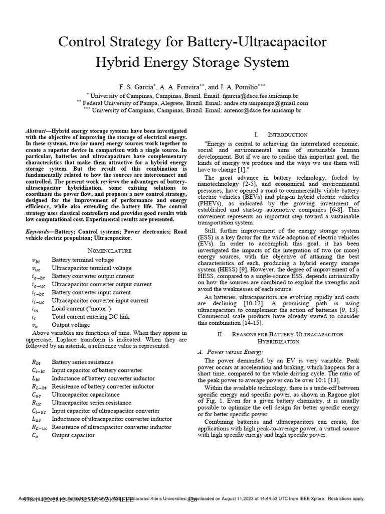 Control Strategy For BatteryUltracapacitor Hybrid Energy Storage