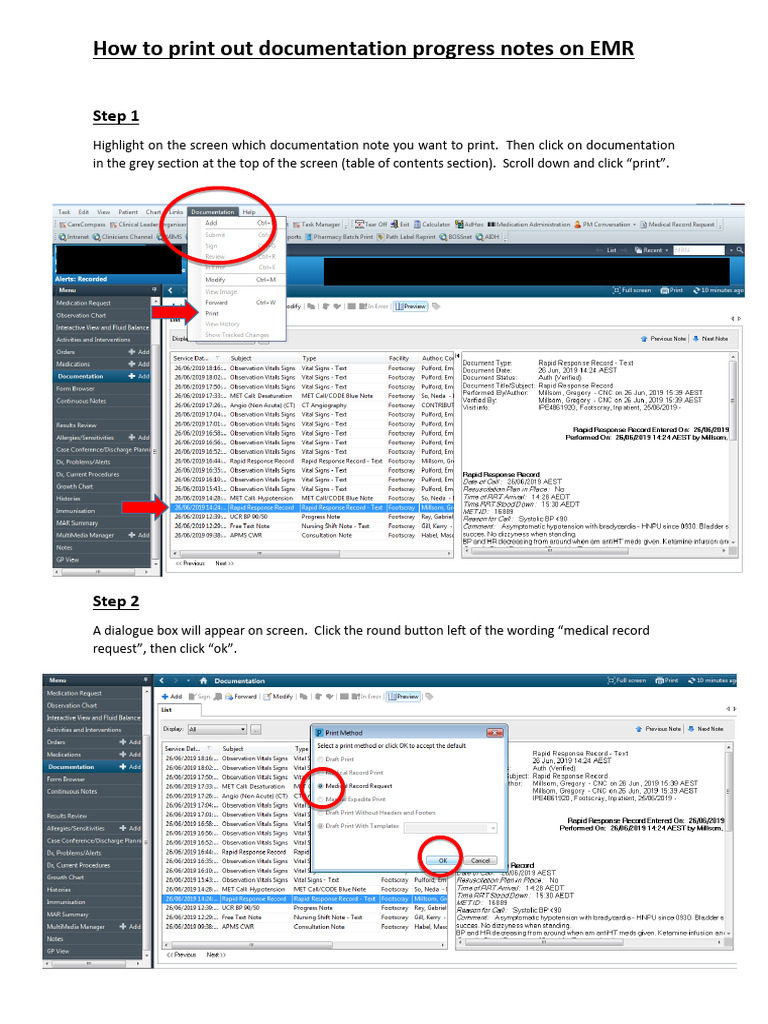 How to print out documentation progress notes on EMR PDF