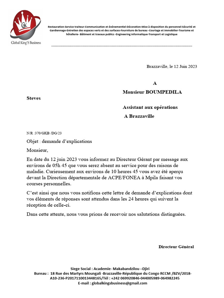 Demande D Explication à Mr Steves Pdf
