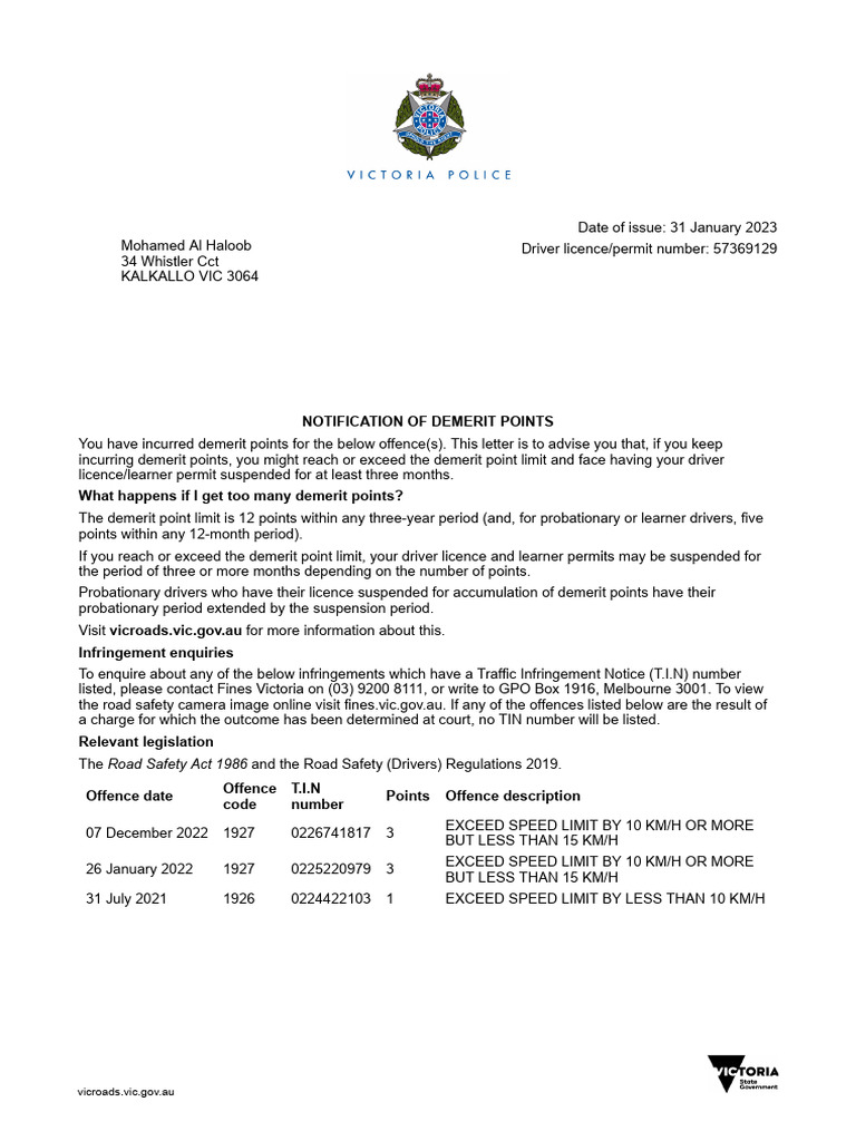 Demerit Points Notification Letter | PDF | Finance & Money Management