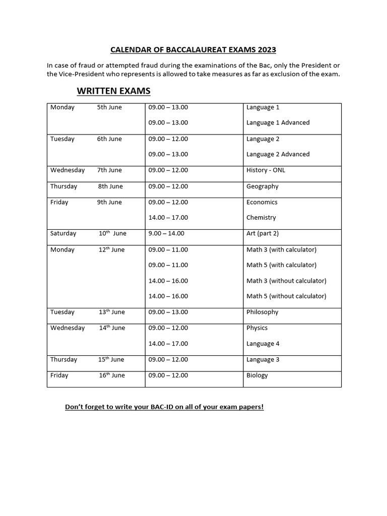 Calendrier Bac 2023 : Horaires et Dates | PDF