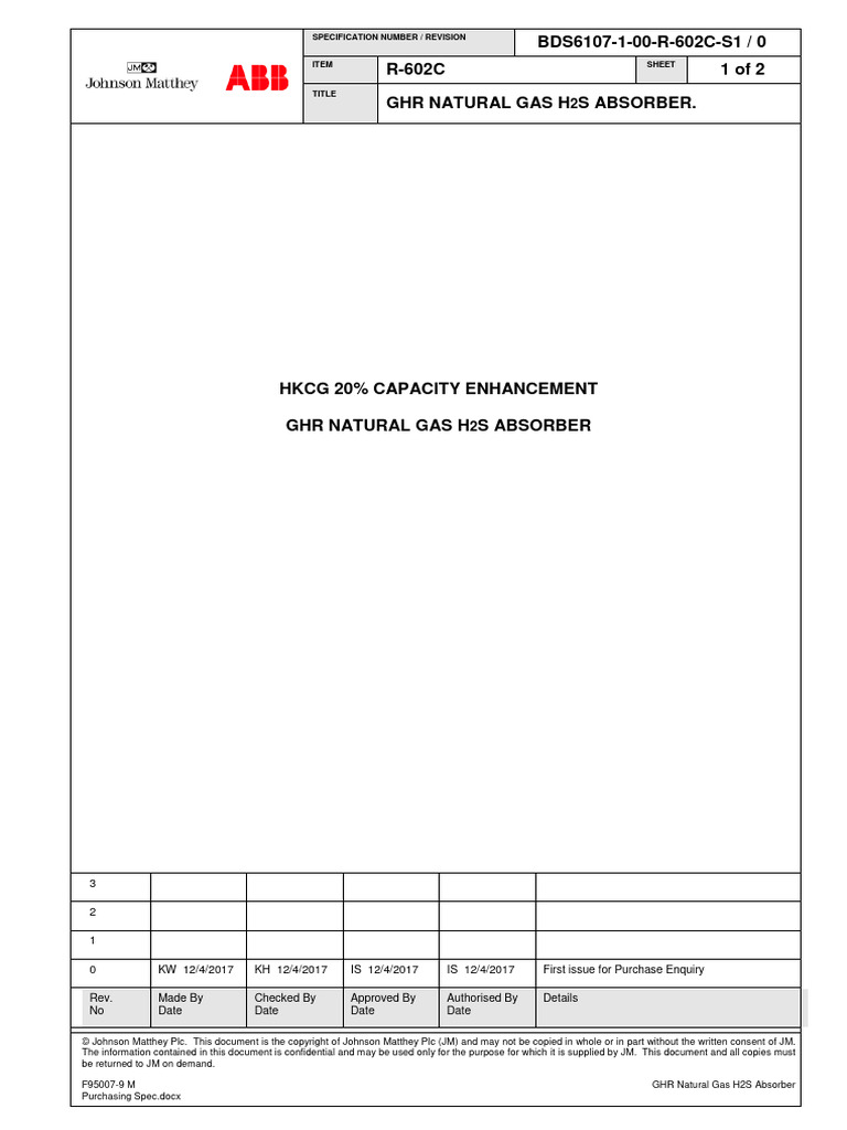 GHR Natural Gas H2S Absorber R-602C Purchasing Spec | PDF
