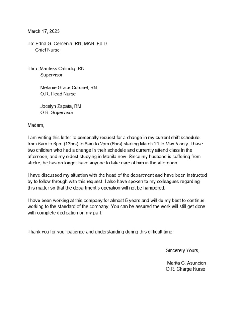 Nurse Shift Change Request Letter | PDF