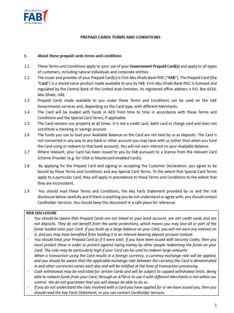 FAB Government Prepaid Card Terms | PDF