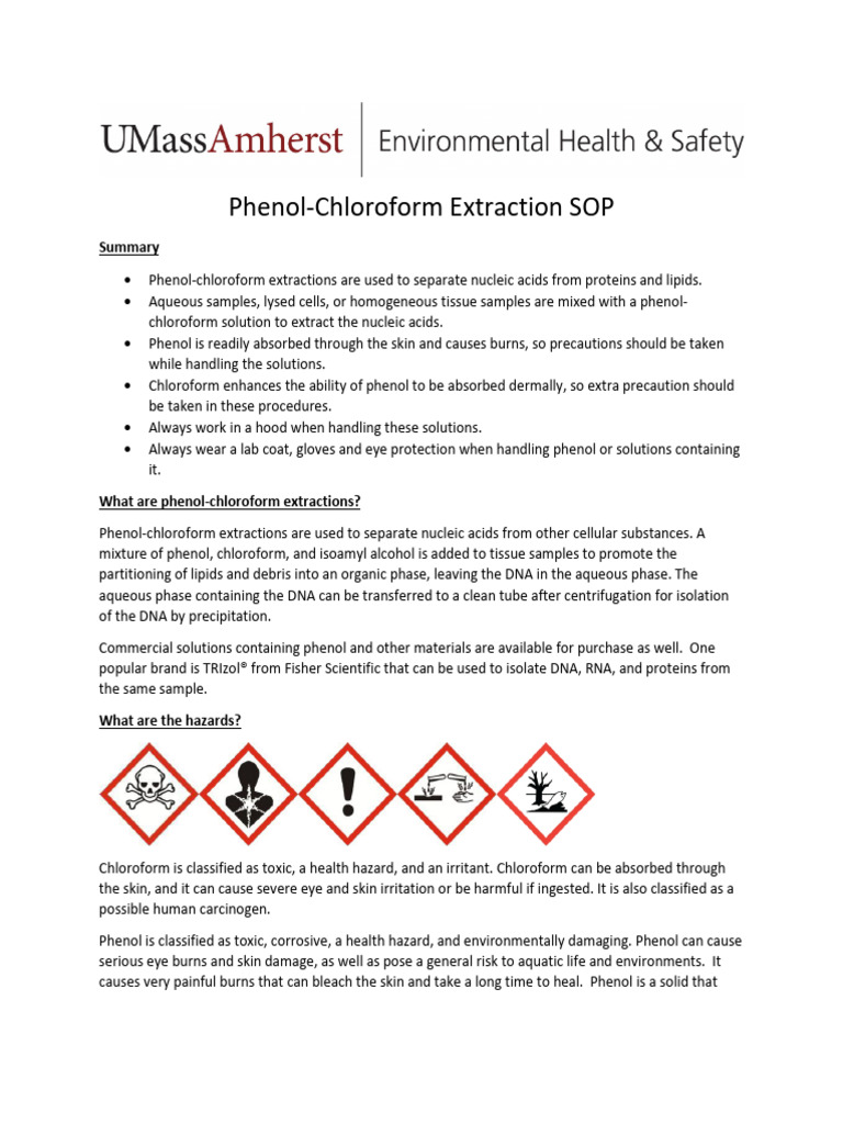 Phenol-Chloroform Extraction SOP | PDF | Chemical Substances | Safety