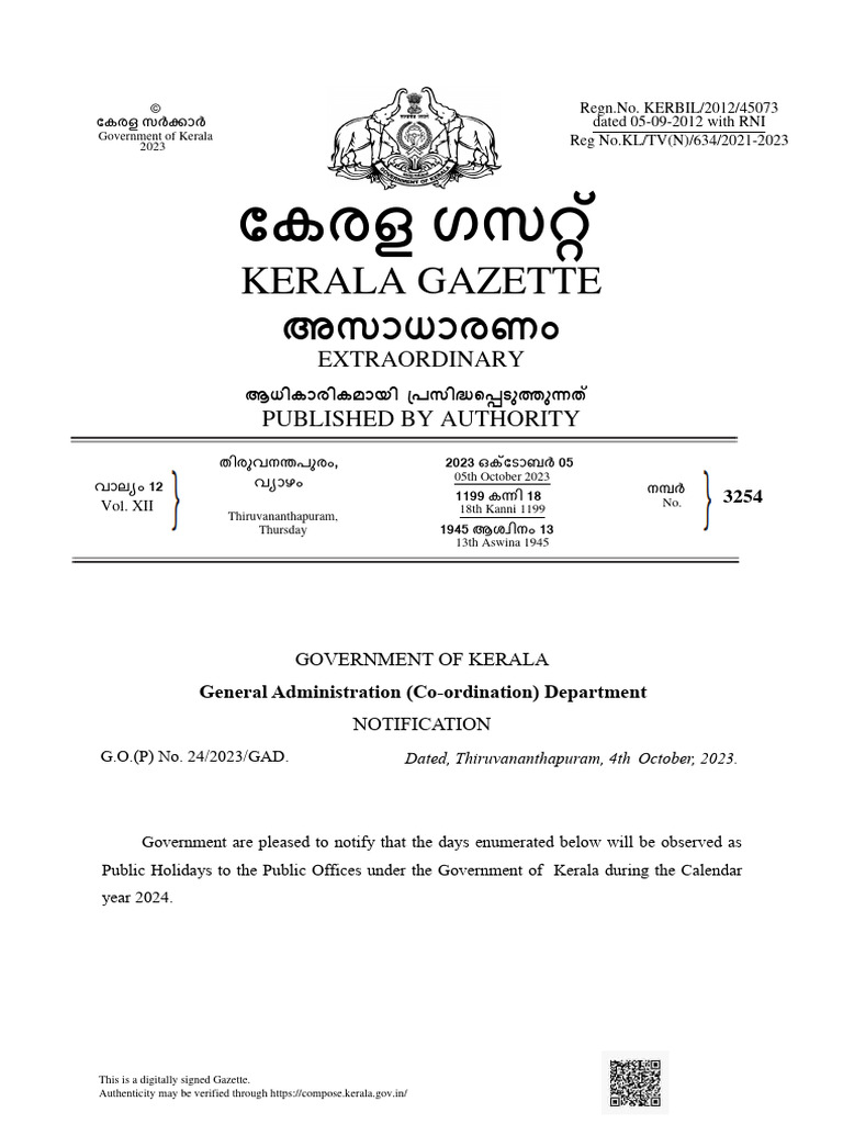 Holiday List Of 2024 Kerala Government Tonye Sheelagh