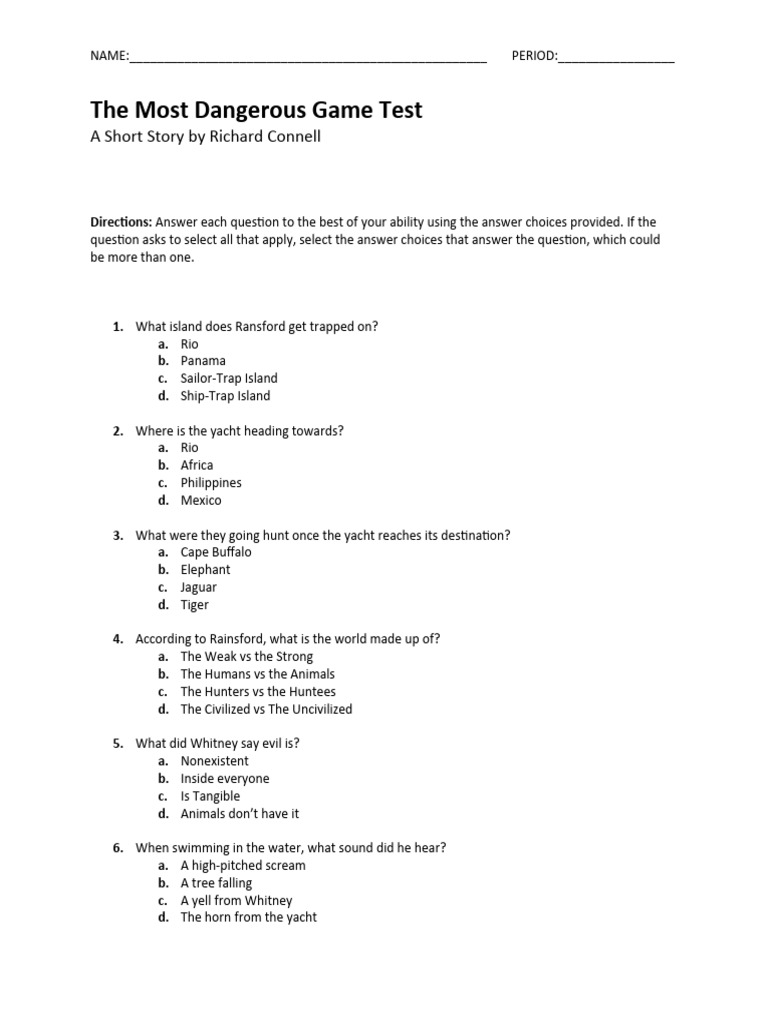 Most Dangerous Game Test | PDF