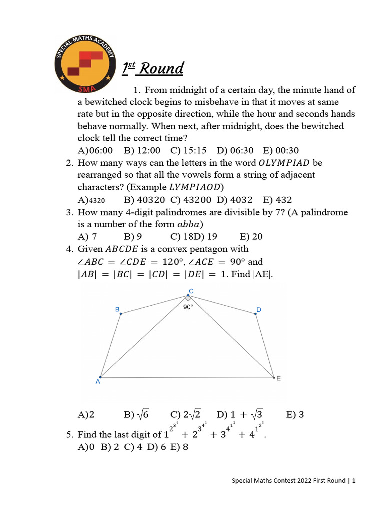 Special Maths Contest 2022 Questions | PDF | Mathematics | Elementary ...