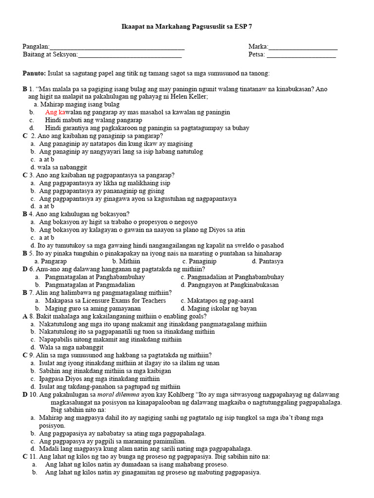 Esp 7 4TH Quarter Exam | PDF