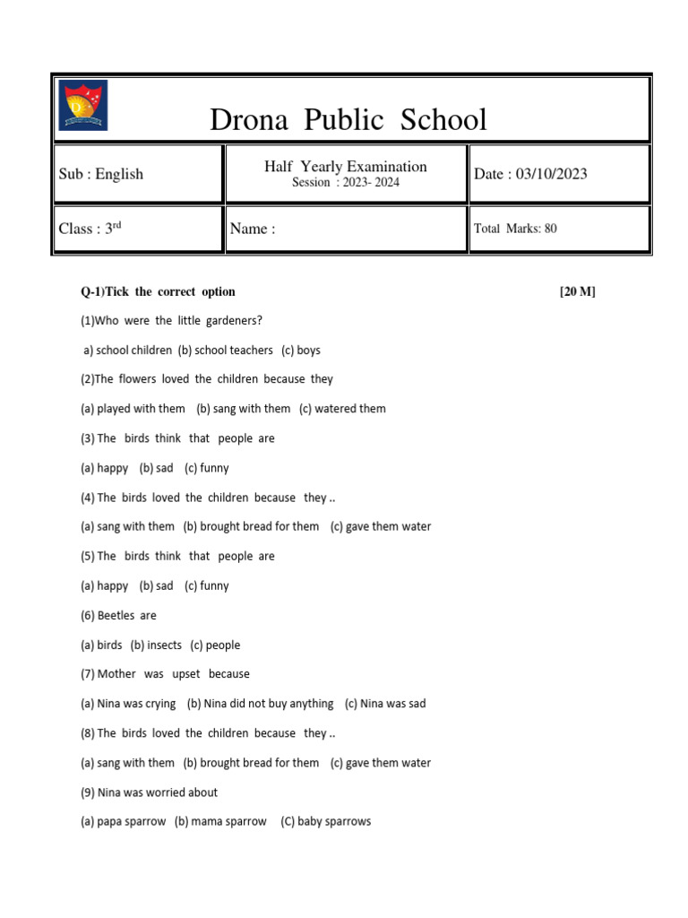 Grade 3 SA -1 Paper1909 | PDF