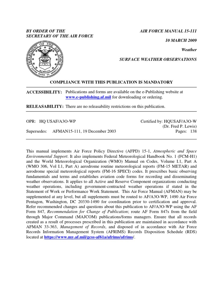Air Force Manual 15-111: Weather Observations | PDF | Meteorology | Weather