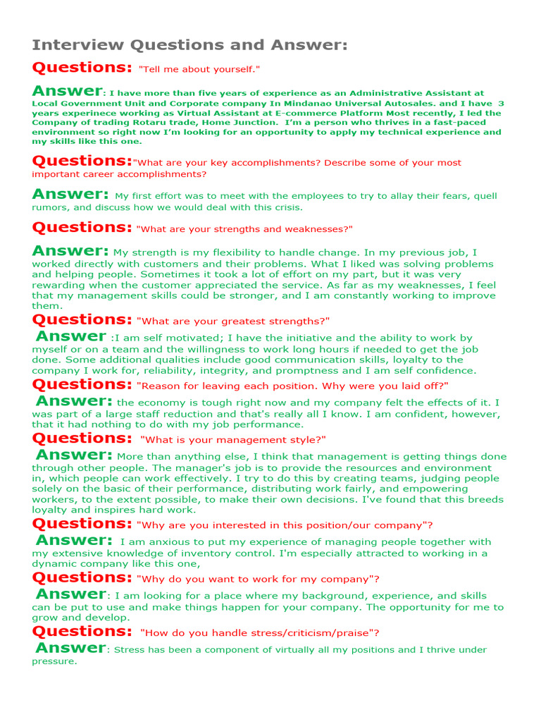 Interview Questions and Answer | PDF | Experience | Leadership