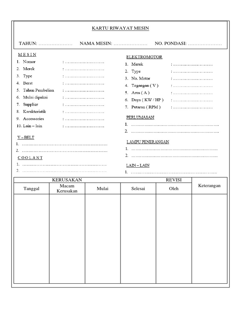 Kartu Riwayat Pemeliharaan Mesin | PDF