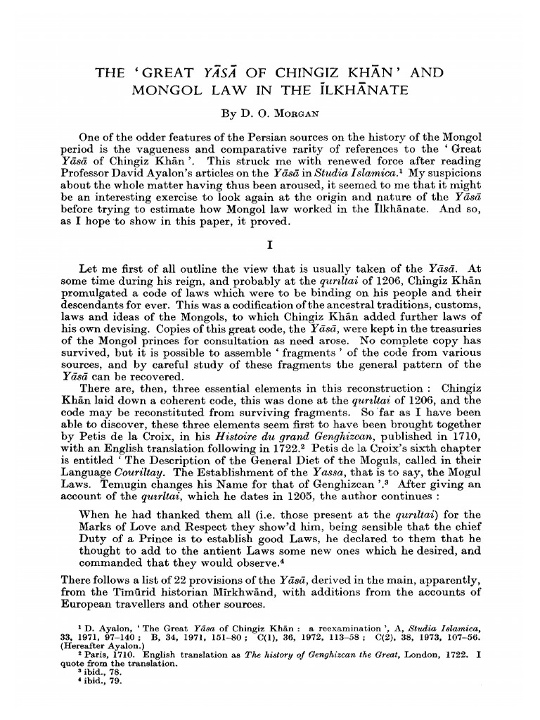 1986 D. O. The 'Great yāsā of Chingiz Khān' and Mongol Law