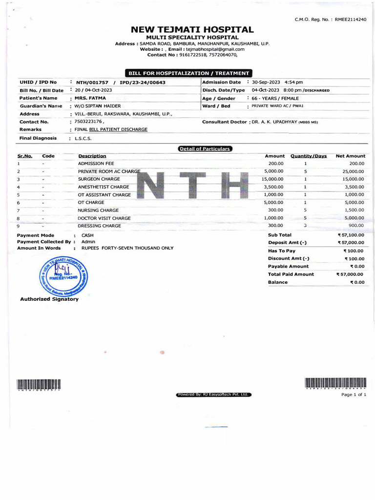 Final Hospital Bill for Patient Discharge | PDF