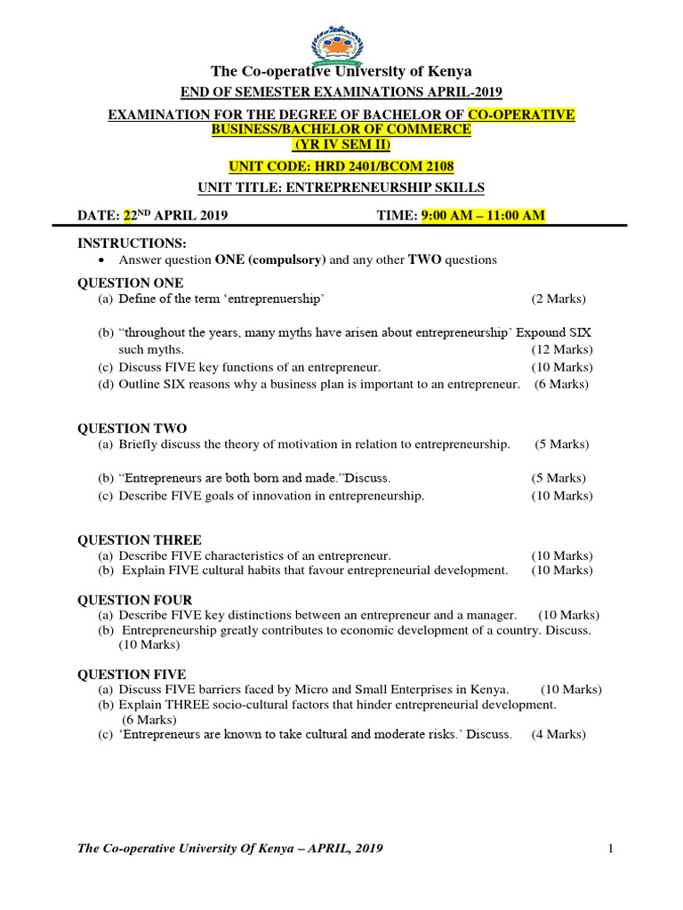 Entrepreneurship Exam Guide | PDF