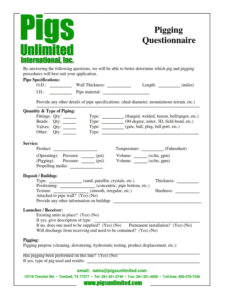 Pigging Questionnaire | PDF