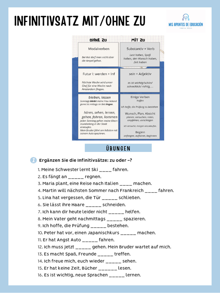 Infinitivsatz Mit Zu Übungen : Infinitives with and without Zu in ...