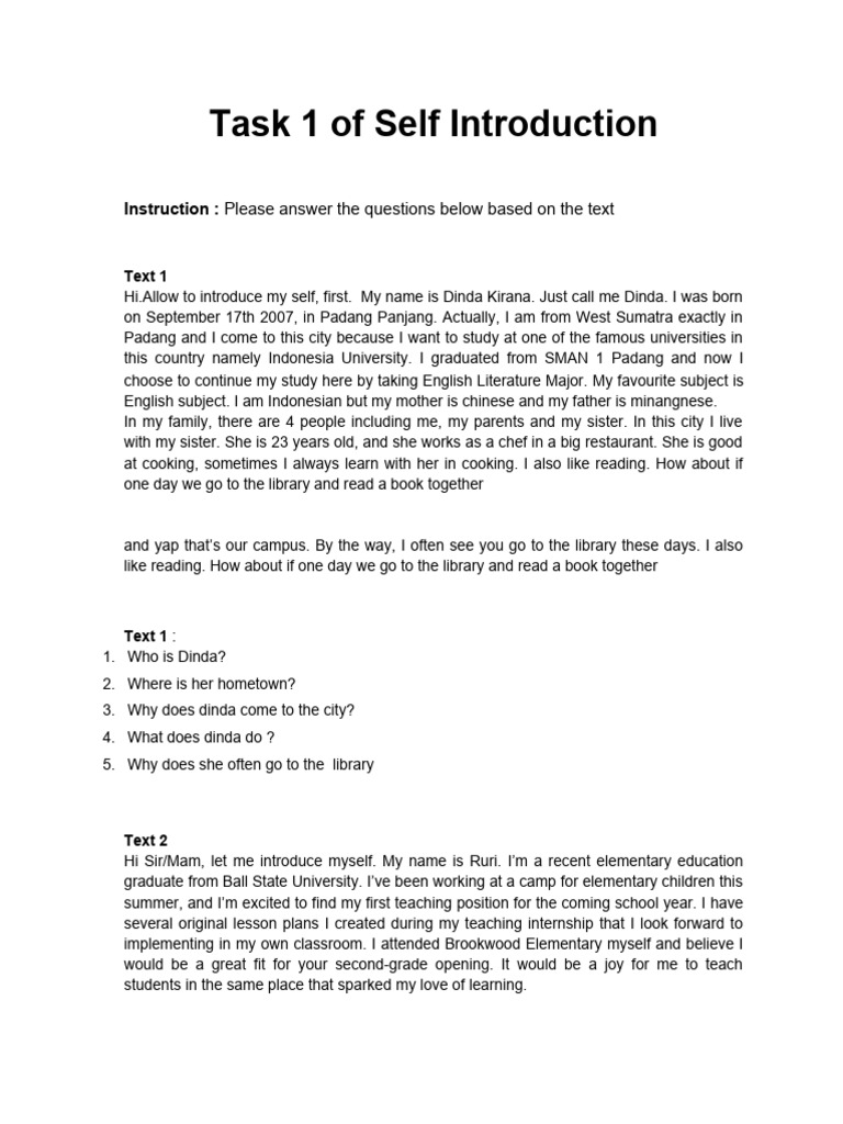 Task 1 of Self Introduction | PDF | Cognition | Behavior Modification