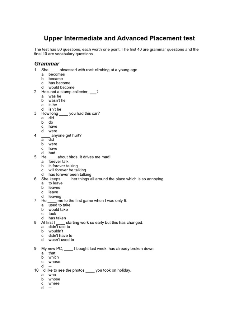 Upper Intermediate & Advanced Placement Test | PDF