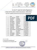 Concours D'accès À La 2 Année de Cycle D'ingénieurs Génie de Procédés Et Environnement 2020/2021