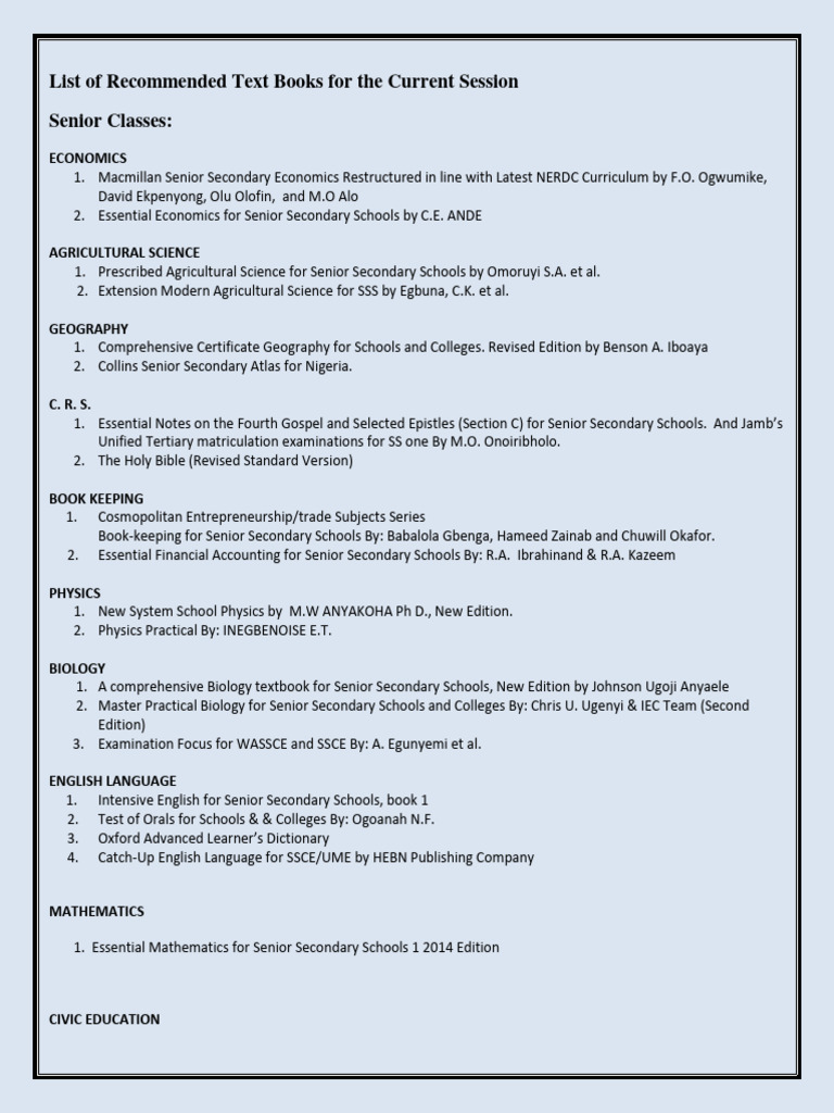List of Recommended Text Books For The Current Session Senior Classes | PDF