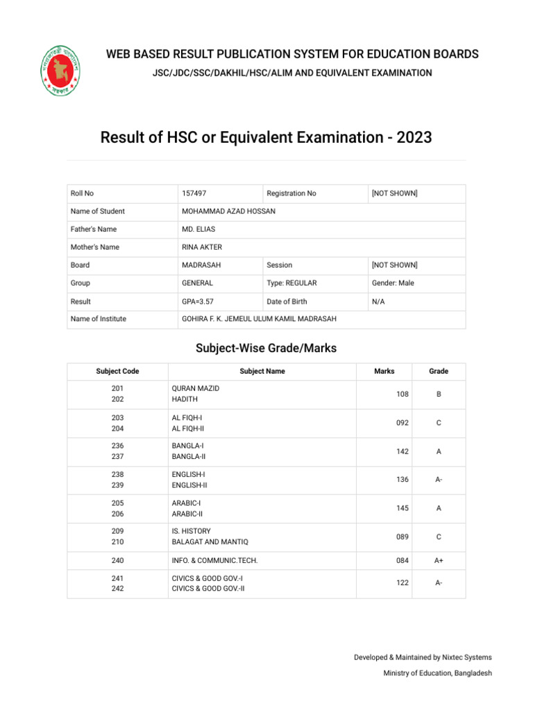Web-Based Result for HSC 2023 | PDF | Vocational Education ...