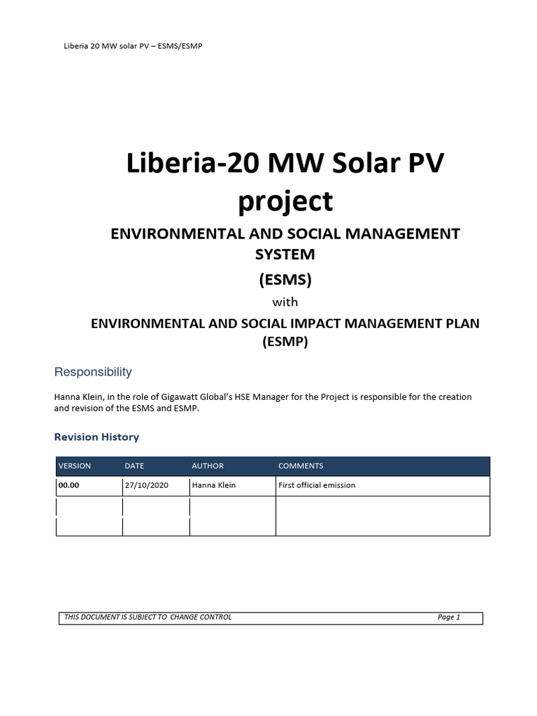App E - Liberia 20 MW Solar PV Plant ESMS With ESMP - Final - 27102020 ...