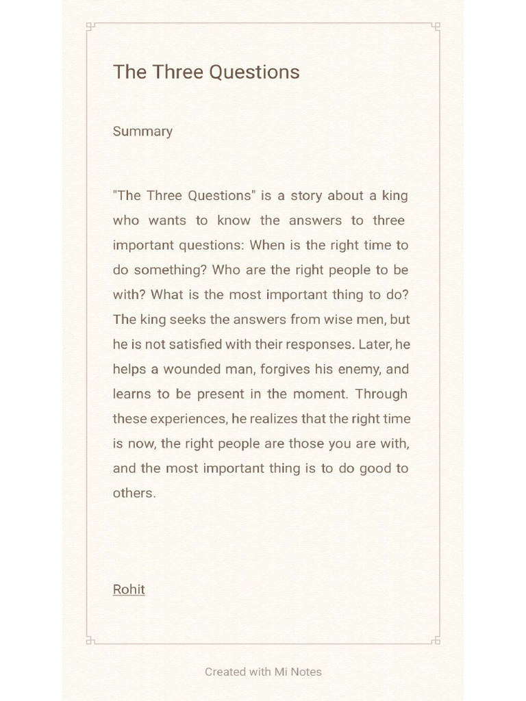 The Three Questions Summary | PDF