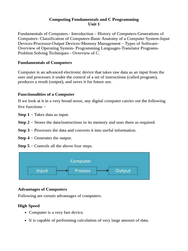 Unit 1 Computing Fundamentals and C Programminming | PDF