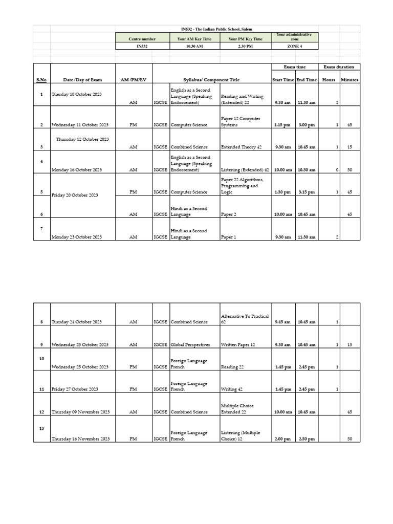 November 2023 - EXTRACT TIME TABLE - XLSX - IGCSE | PDF
