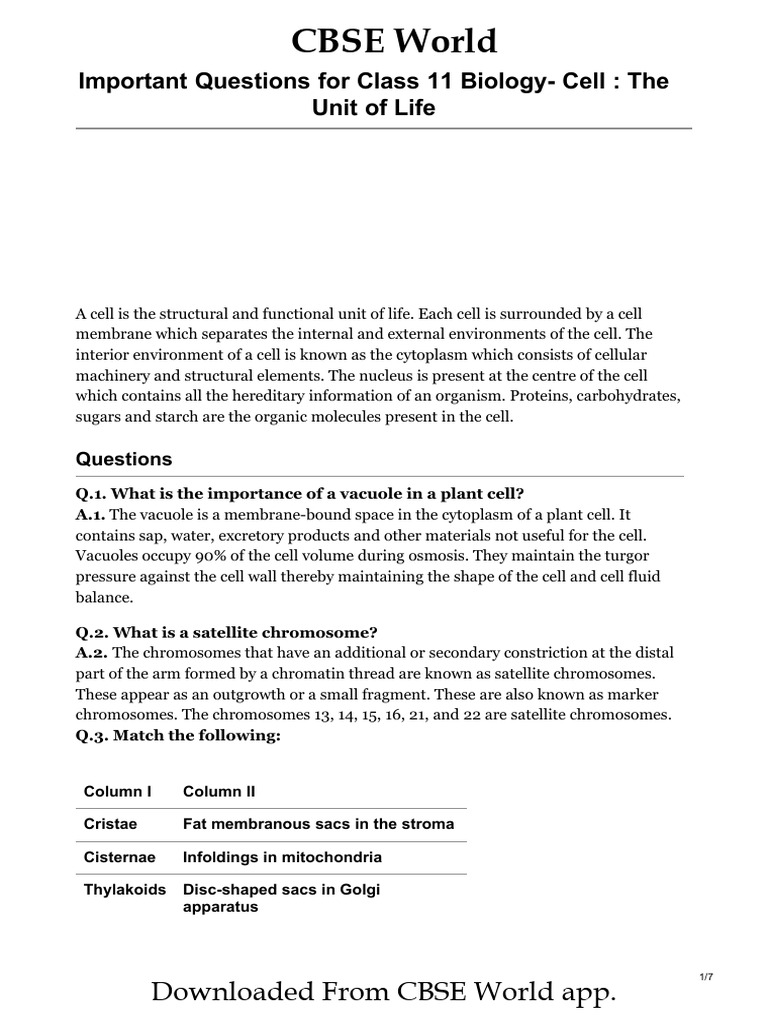 Important questions for class 11 biology cell the unit of life pdf