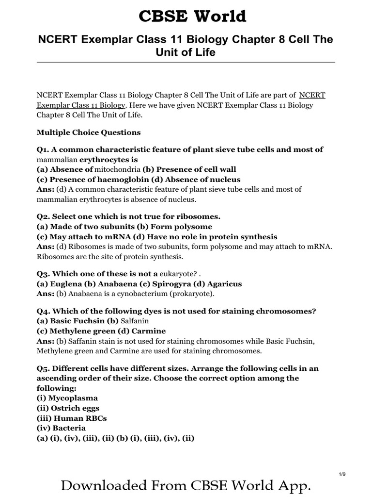 Ncert exemplar class 11 biology chapter 8 cell the unit of life pdf