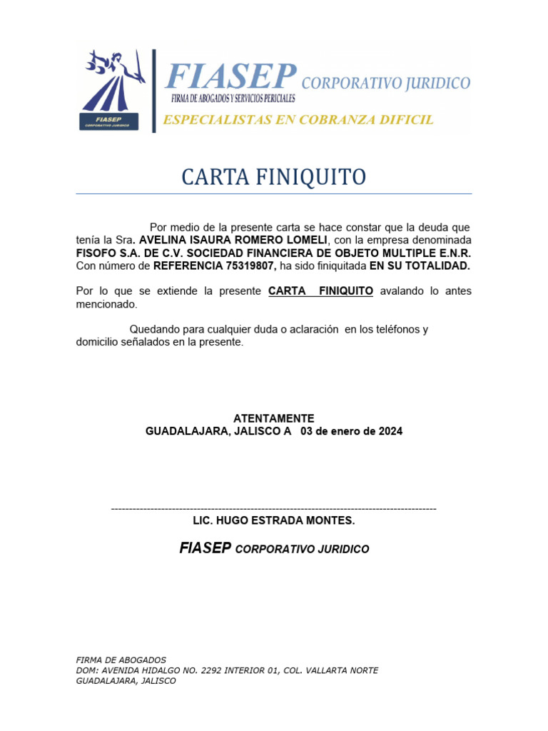 Carta Finiquito Financiera | PDF