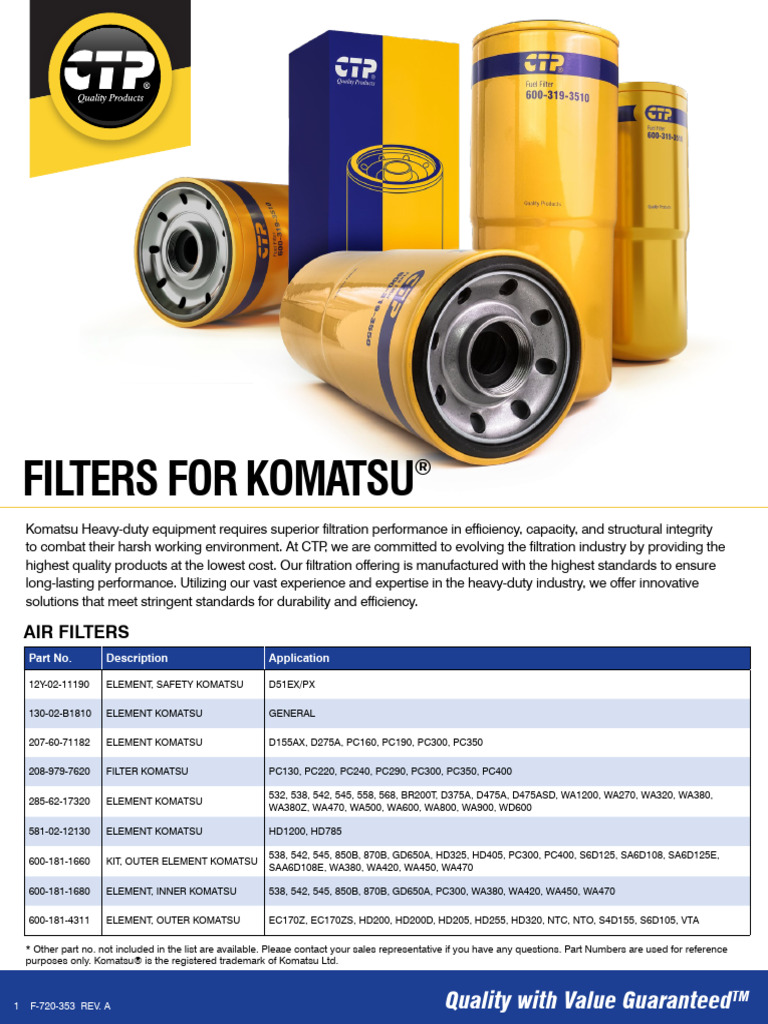 F 720 353 Rev. A Filters For Komatsuu | PDF | Filtration | Mechanical ...