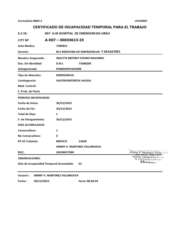 Certificado de Incapacidad Temporal ESSALUD | PDF | Finanzas y dinero ...