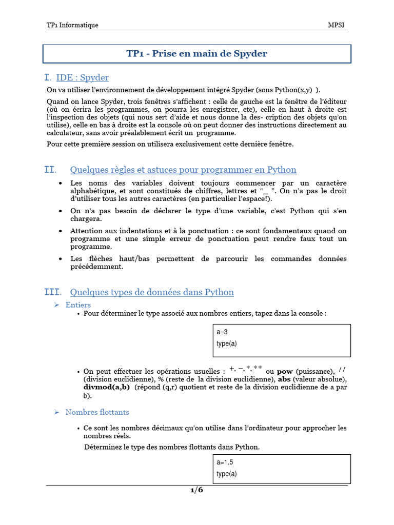 Introduction à Spyder et Python | PDF | Division | Python (Langage de ...