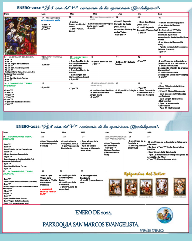 Calendario de Misas Mes de Enero de 2024 PDF Familias