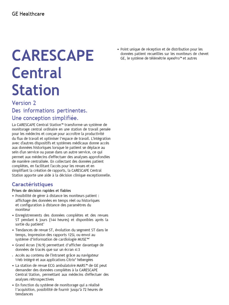CARESCAPE Central Station v2 - Spec Sheet (Français) | PDF | USB ...