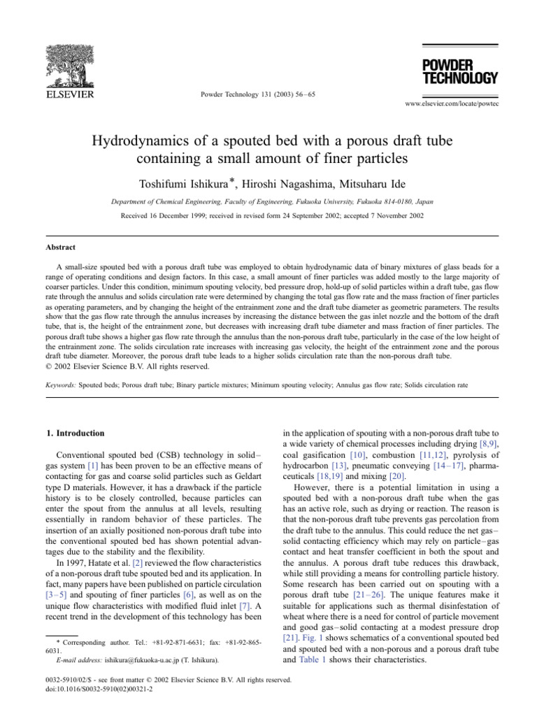 2003 hydrodynamics of a spouted bed with a porous draft tube containing