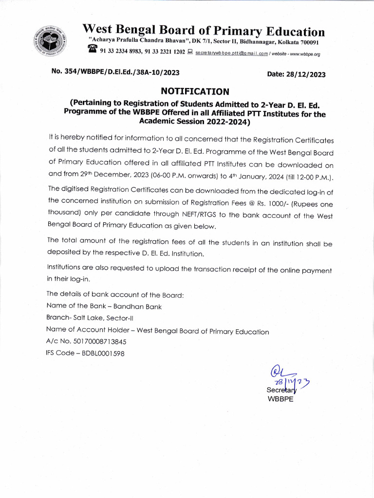 WBBPE D.El.Ed. Registration Notice 2023 | PDF