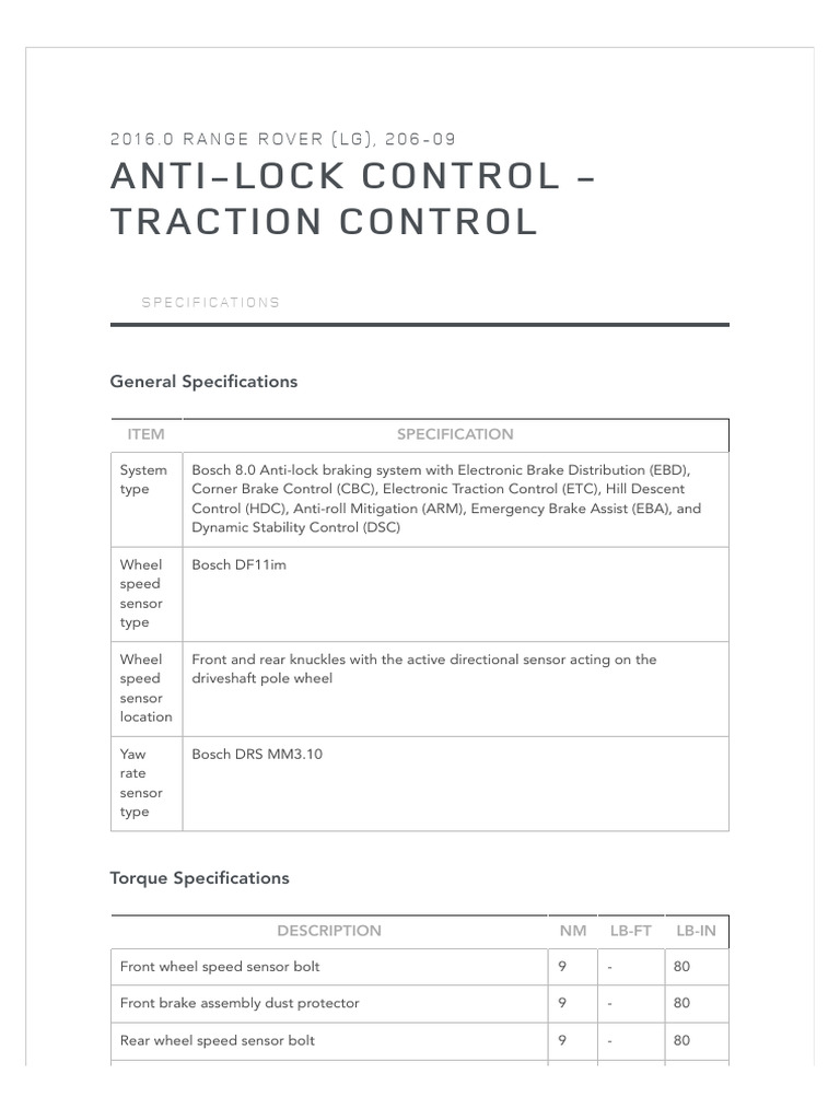 2016 Range Rover Anti-Lock Control Specs | PDF | Anti Lock Braking ...