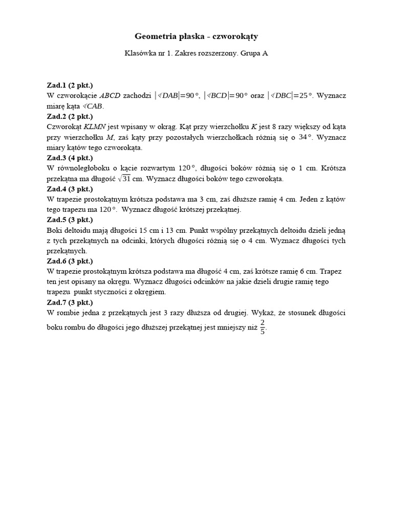 2021 1 Klasowka kl3 Planimetria Czworokaty ZP Ab Wer5 | PDF