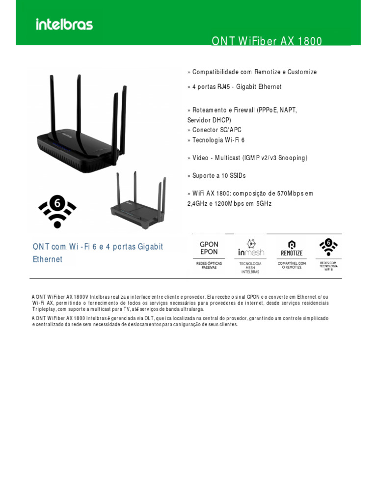 ONT WiFiber AX 1800: Especificações e Recursos | PDF | Ethernet | Wi-Fi
