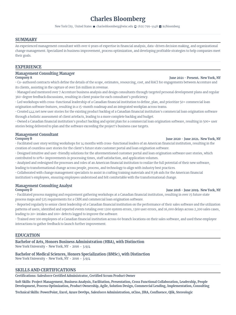 Charles Bloomberg: Management Consultant Resume | PDF | Career & Growth ...