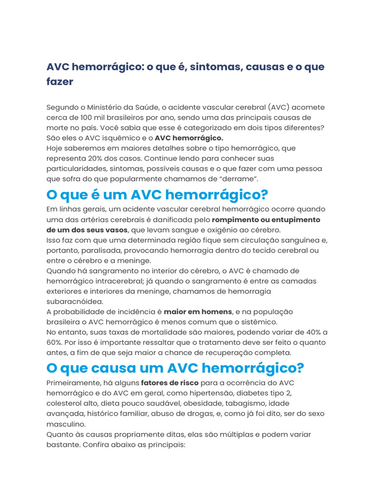 AVC Hemorrágico: o Que É, Sintomas, Causas e o Que Fazer | PDF