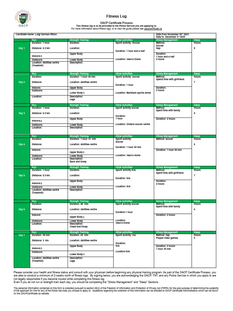 OACP Training Log Template (Word Edit) PDF Physical Fitness